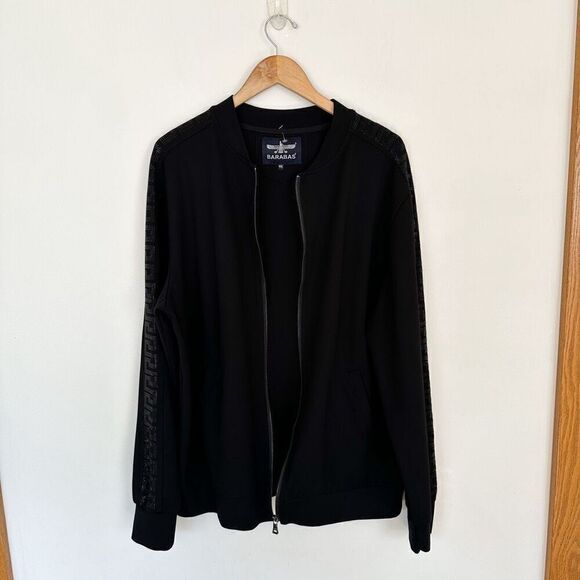 Barabas Men’s Black Greek Fret Monochromatic Rhinestone Tuxedo Sleeve Stripe Zip - Picture 3 of 12